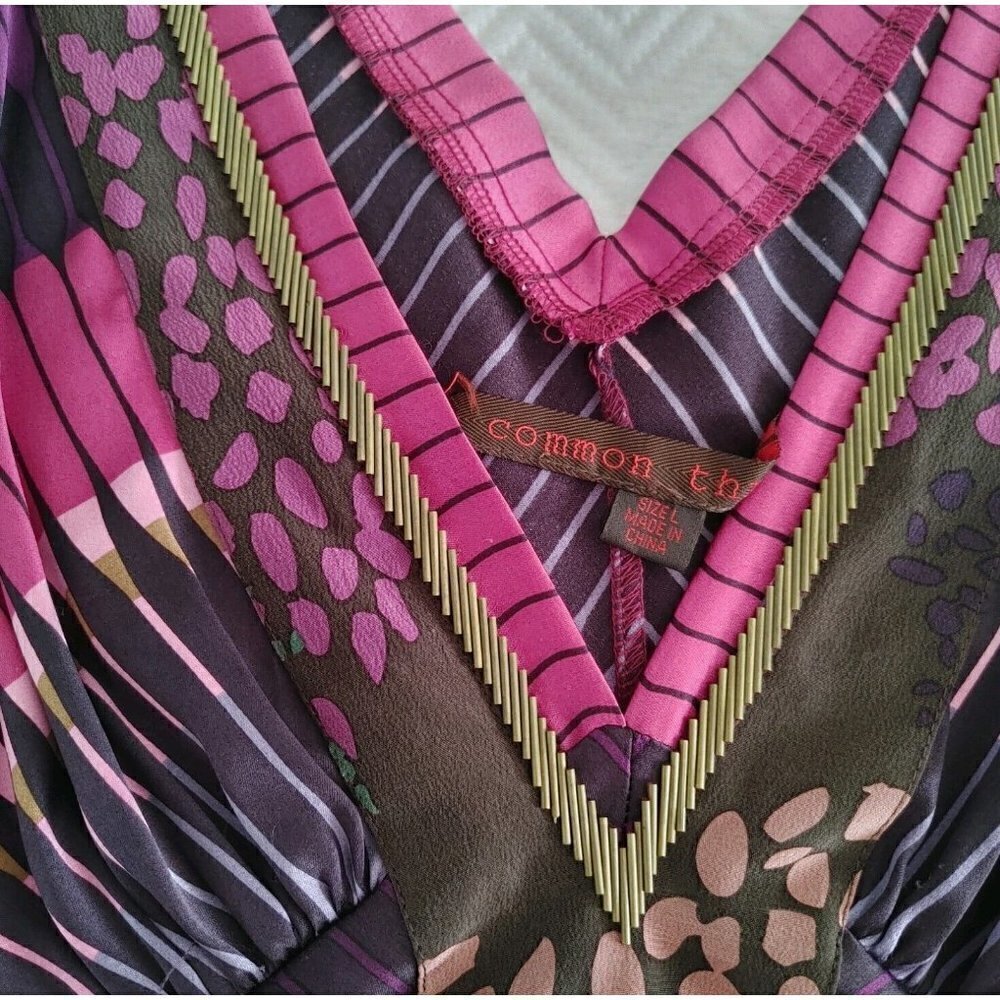 A Common Thread Silk Jeweled V-Neck Purple and Pink Geometric Print Dress Size L - Picture 4 of 8